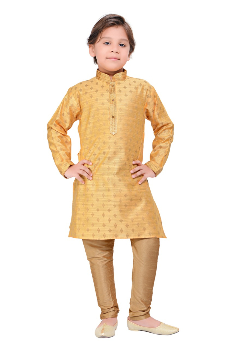 Block Printed Silk Kurta Pajama Set In Gold