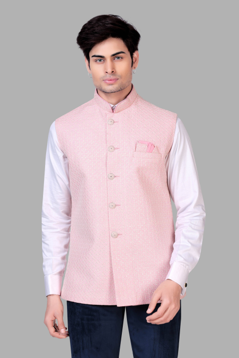 Pink Embroidered Nehru Jacket In Silk 