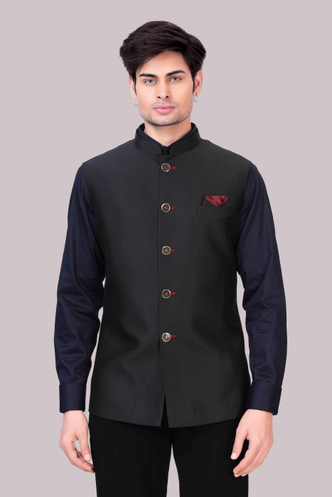 Black Cotton Nehru Jacket With Kurta Pajama 849MW11