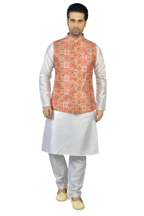 Jacquard Print Nehru Jacket With White Kurta Pajama Set