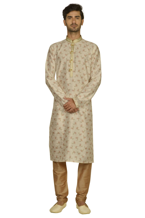 Printed Dupion Silk Kurta Pajama in Cream