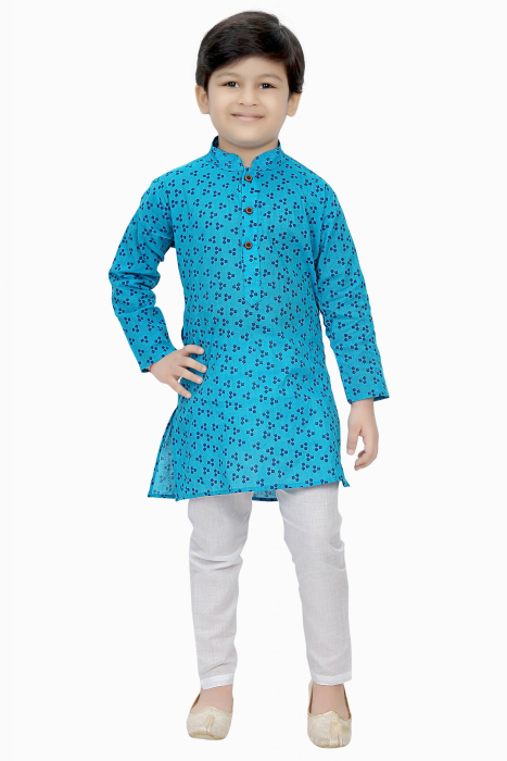 Dotted Print Cotton Kurta Pajama Set In Blue