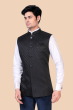 Printed Jacquard Nehru Jacket In Black 