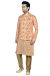 Printed Kurta Pajama Set with Nehru Jacket in Cream