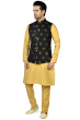 Yellow Kurta Pajama Set with Asymmetric Nehru Jacket in Black