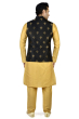 Yellow Kurta Pajama Set with Asymmetric Nehru Jacket in Black