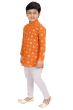 Orange Cotton Kurta Pajama set in Block Print