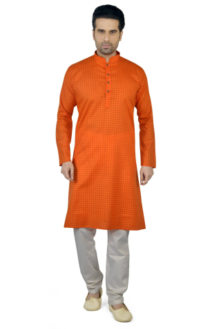 Basic Printed Cotton Kurta Pajama Set in Orange