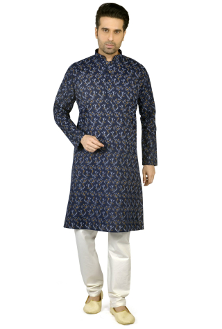 Block Printed Indian Cotton Kurta Pajama Set in Blue