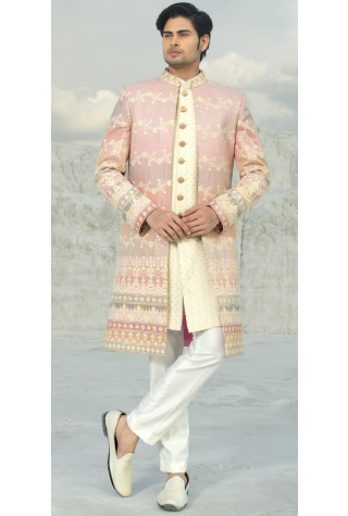 Pink Embroidered Groom Indo Western Sherwani Set In Silk 