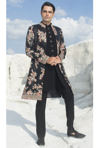 Black Embroidered Groom Indo-Western Sherwani Set In Imported British Fabric