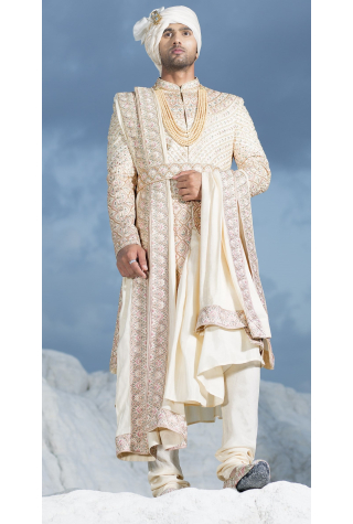 Beige Embroidered Groom Anarkali Style Sherwani Set In Plain Silk 