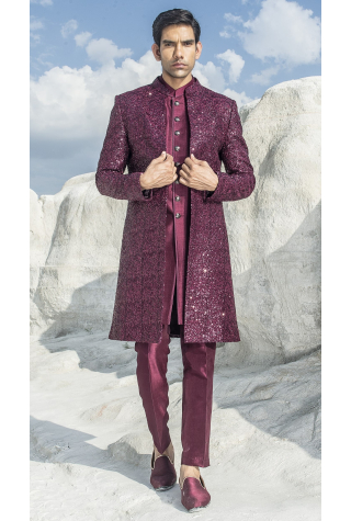 Sequins Embroidered Groom Indo Western Sherwani Set In Wine Color