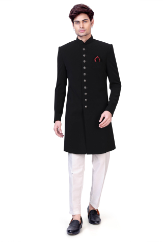 Black Plain Indo Western Set In Suiting Fabric