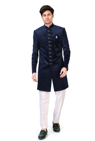 Navy Blue Plain Indo Western Set In Suede Fabric