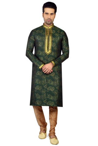 Printed Dupion Silk Kurta Pajama Set in Green