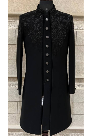 All Black Hand Embroidered Open Jacket Indo Western in Imported British Fabric