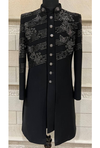 Black Hand Embroidered Open Jacket Indo Western in Imported British Fabric