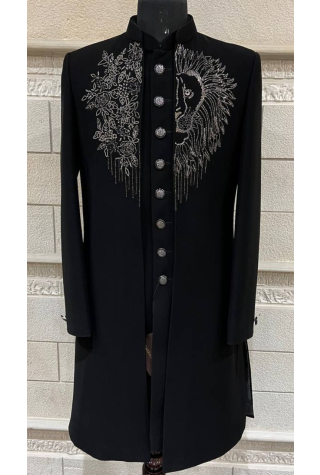 Black Open Jacket Embroidered Indo Western in Imported British Fabric