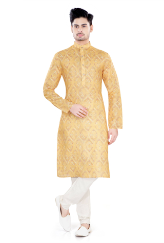 Bandhej Print Cotton Kurta Pajama in Yellow