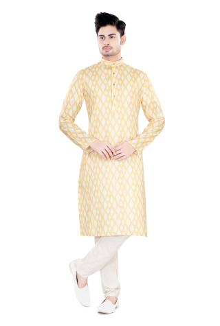 Chequered Print Cotton Kurta Pajama in Yellow