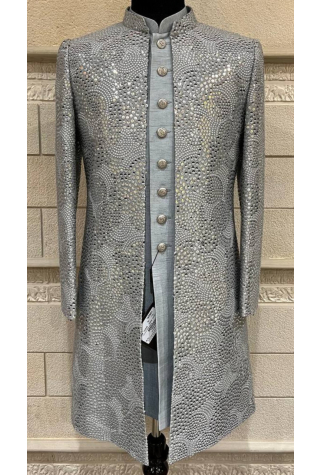 Grey Open Jacket Indo Western in Silk