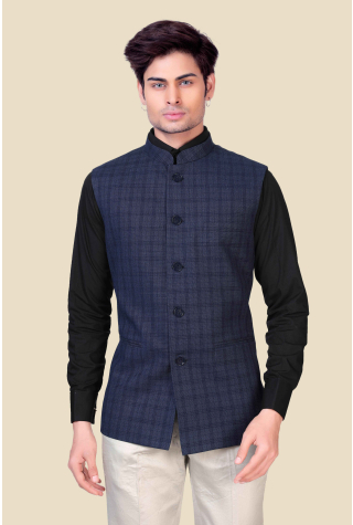Blue Checkered Pattern Nehru Jacket  