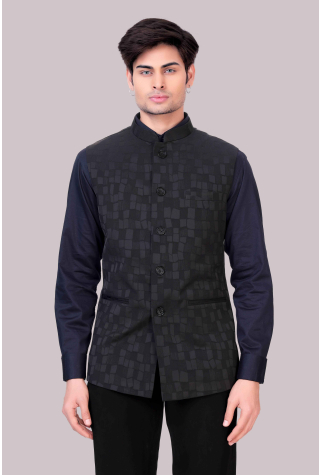Black Jacquard Print Nehru Jacket 