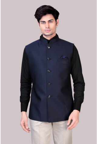 Plain Jacquard Nehru Jacket In Ink Blue