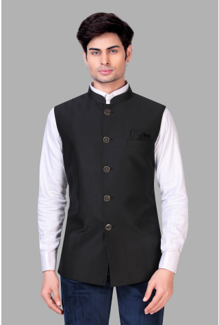 Solid Black Terry Rayon Nehru Jacket