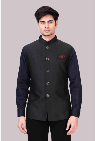 Black Nehru Jacket In Suiting Fabric 