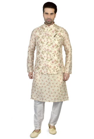 Printed Kurta Pajama Set with Nehru Jacket in White