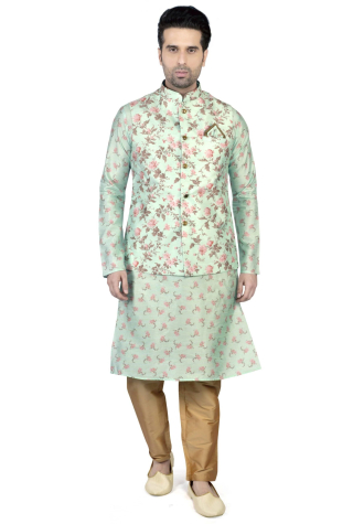 Printed Kurta Pajama Set with Nehru Jacket in Blue