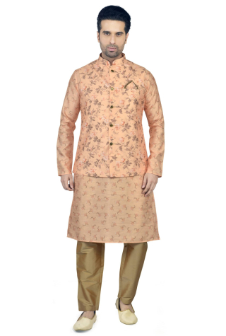Printed Kurta Pajama Set with Nehru Jacket in Cream