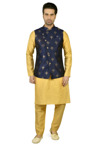 Yellow Kurta Pajama Set with Asymmetric Nehru Jacket in Blue