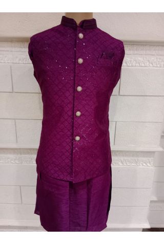 Purple Jacket With Kurta Pajama Set In Brocade Dupion Silk 