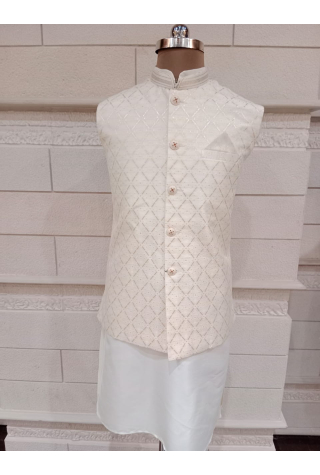 White Jacket With Kurta Pajama Set In Brocade Dupion Silk 