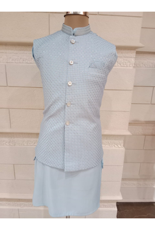 Sky Blue Jacket With Kurta Pajama Set In Dupion Silk 