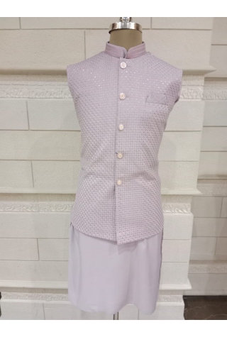 Lavender Jacket With Kurta Pajama Set In Dupion Silk 