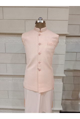 Peach Jacket With Kurta Pajama Set In Dupion Silk 