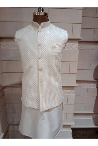 White Jacket With Kurta Pajama Set In Dupion Silk 