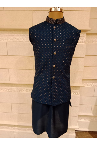 Navy Blue Jacket With Kurta Pajama Set In Dupion Silk 