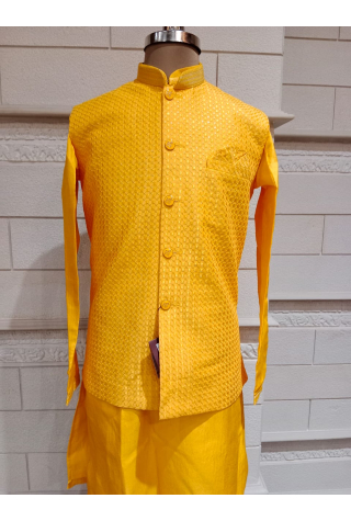 Yellow Jacket With Kurta Pajama Set In Brocade Dupion Silk 