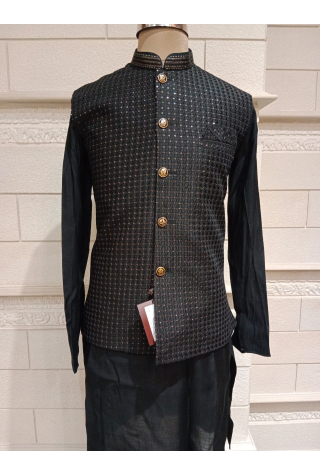 Black Jacket With Kurta Pajama Set In Brocade Dupion Silk 