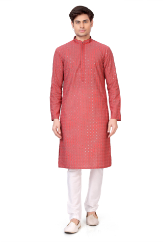 Red Embroidered Kurta Pajama With Sequins