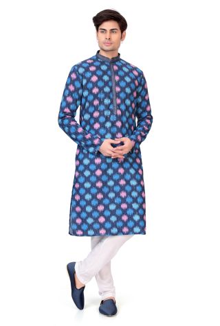 Royal Blue Printed Kurta Pajama In Rayon