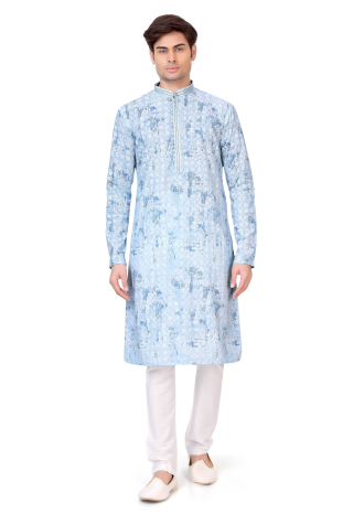 Printed Rayon Kurta Pajama Set In Sky Blue