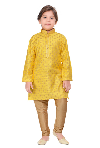 Block Printed Silk Kurta Pajama Set In Yellow