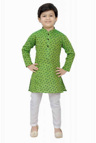 Dotted Print Cotton Kurta Pajama Set In Green