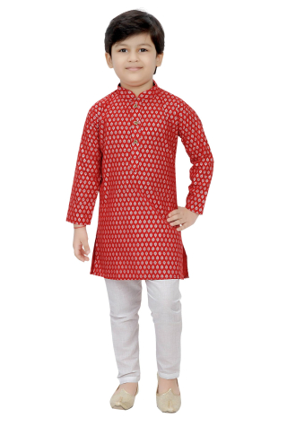 Silver Printed Cotton Kurta Pajama set In Red